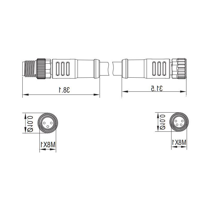 M8 3-PIN, female straight turn male straight, double end precast PUR flexible cable, black sheath, 63D101-XXX