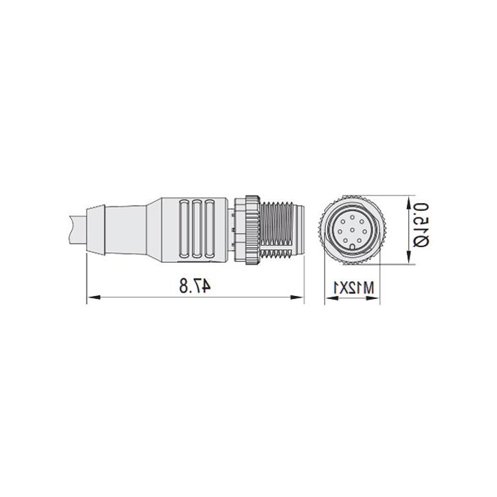 M12 8Pin、公头直型、单端预铸PUR柔性电缆、黑色护套、64S361-XXX